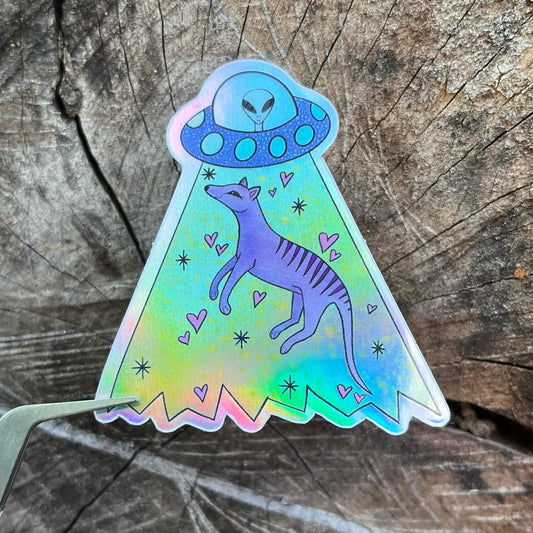 Thylacine UFO Abduction Holographic Vinyl Sticker